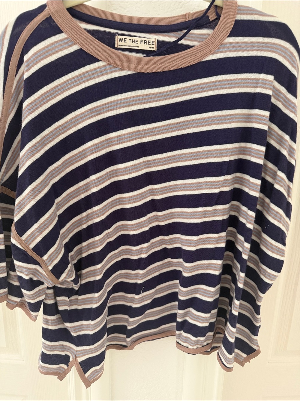 We The Free Navy, Taupe & White Striped Long Sleeve Top